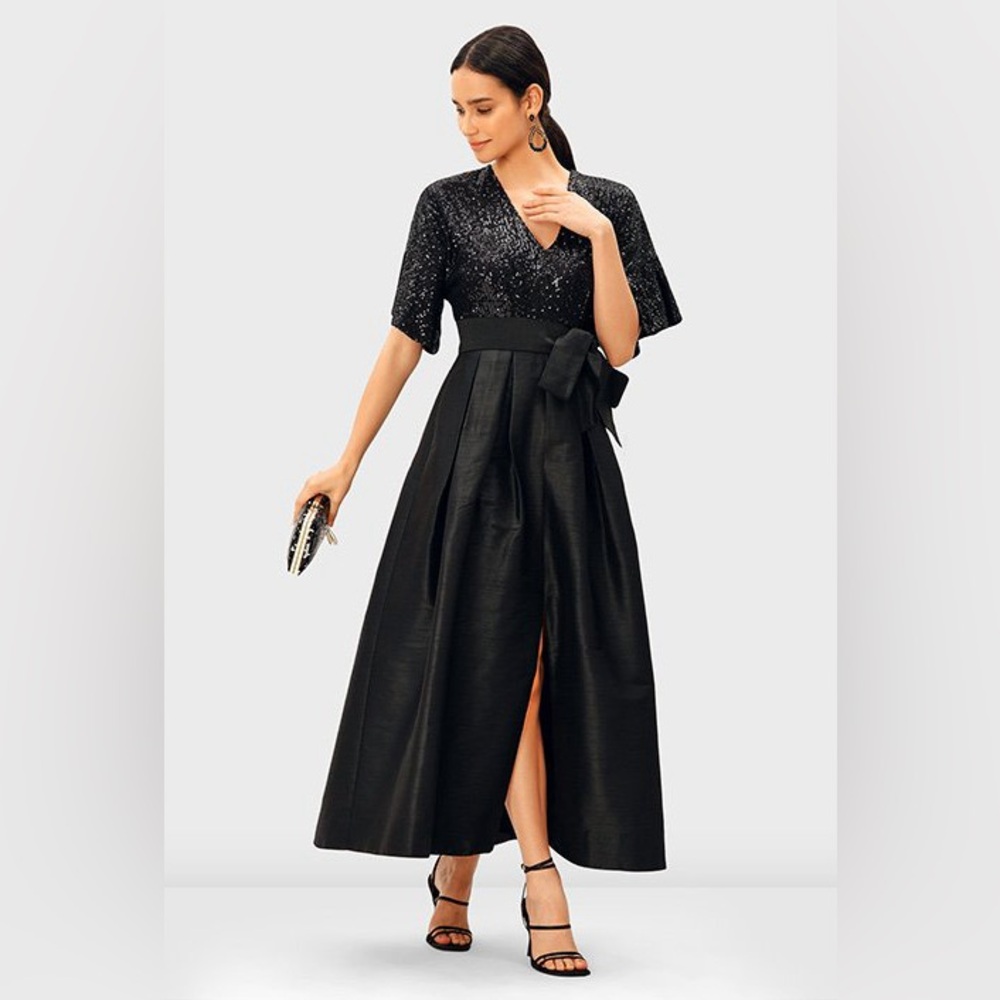 Sequin Mesh And Dupioni Sash-Tie Dress